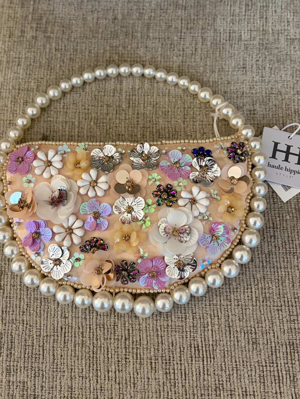 Haute Hippie Blush Floral Sequin & Pearl-Handle Clutch